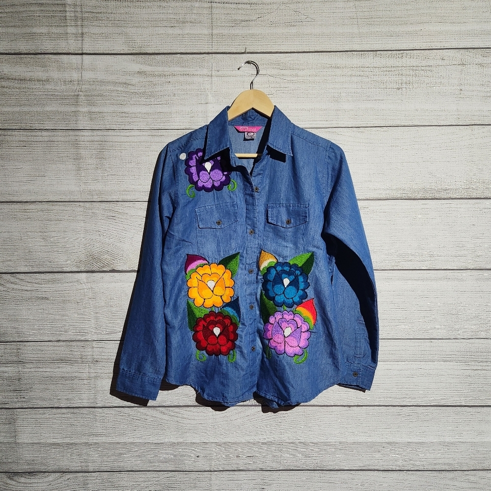 Embroidered Denim Jacket with Floral Design, Size L